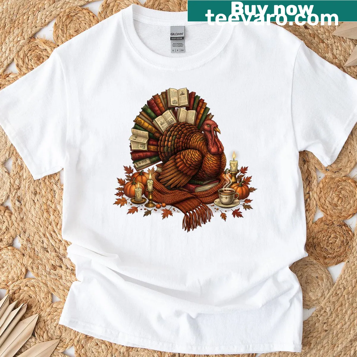 Funny turkey reading books graphic t-shirt for teachers — on a men's t-shirt