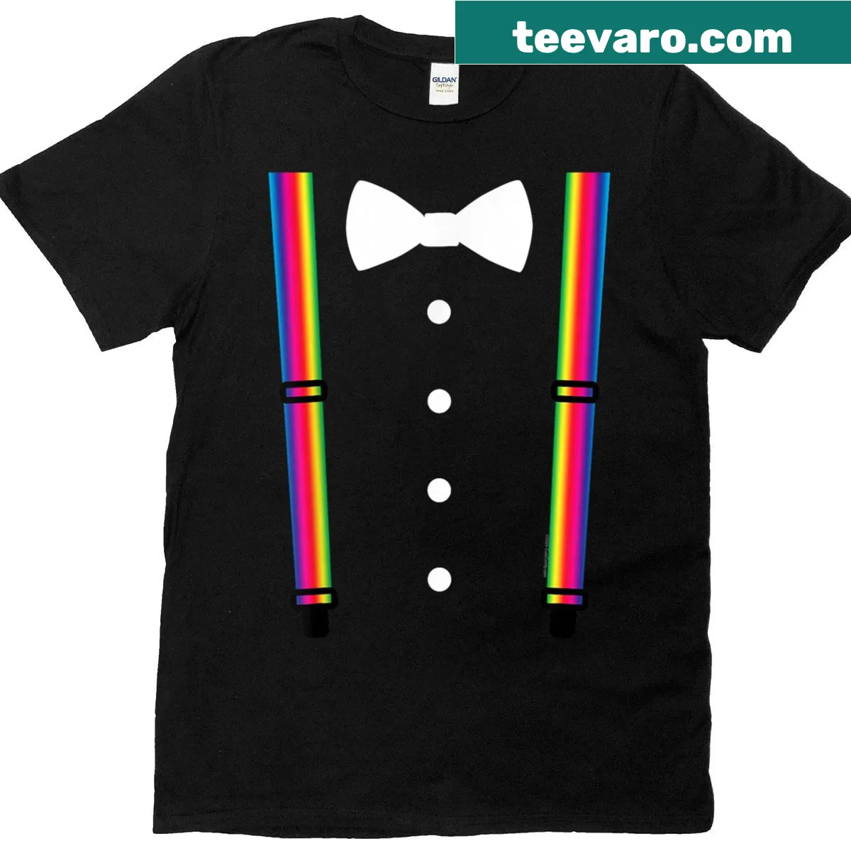 Clown magician design t-shirt with tuxedo and rainbow suspenders — on a men's t-shirt