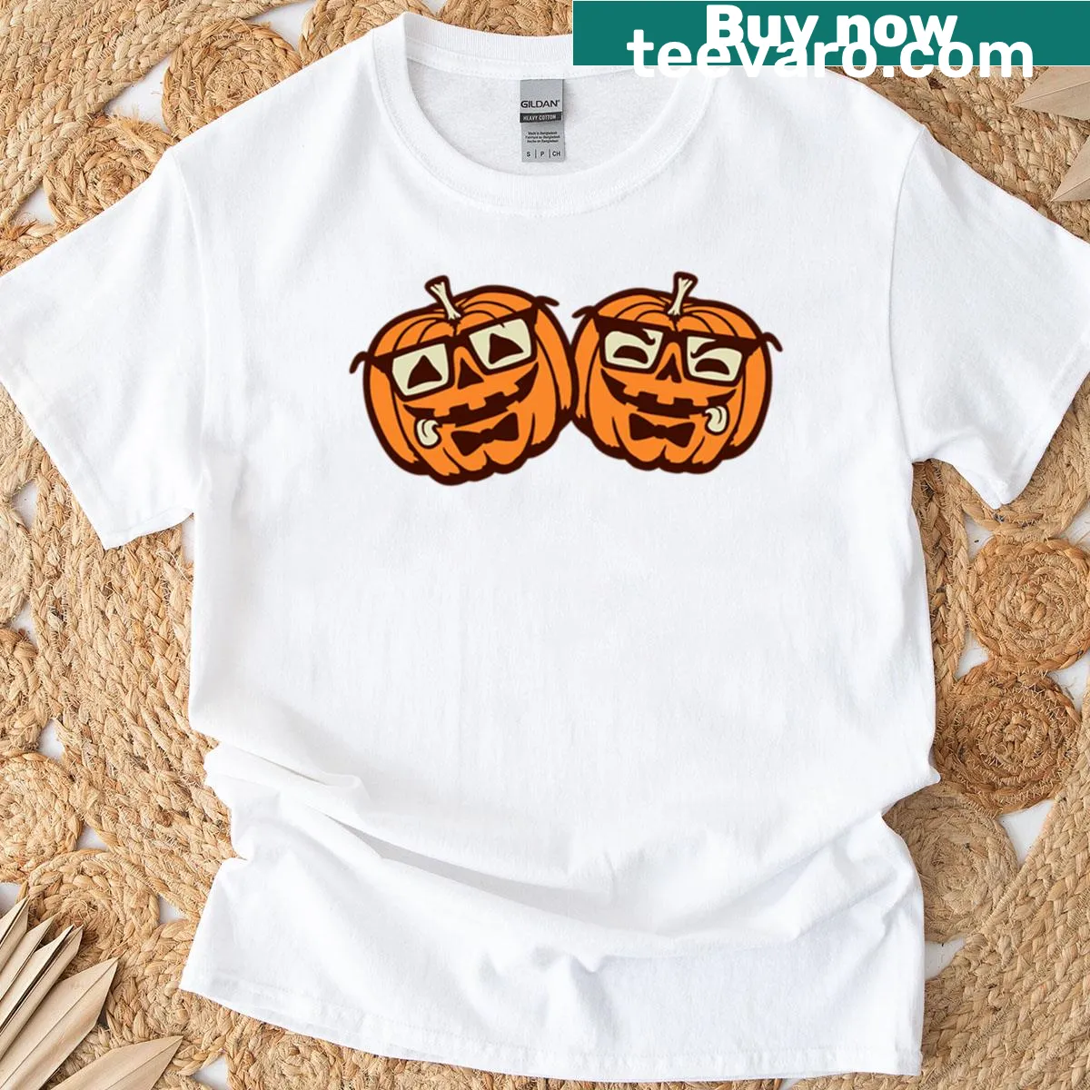 Vintage distressed shirt with nerdy pumpkins in glasses and bow ties — on a men's t-shirt