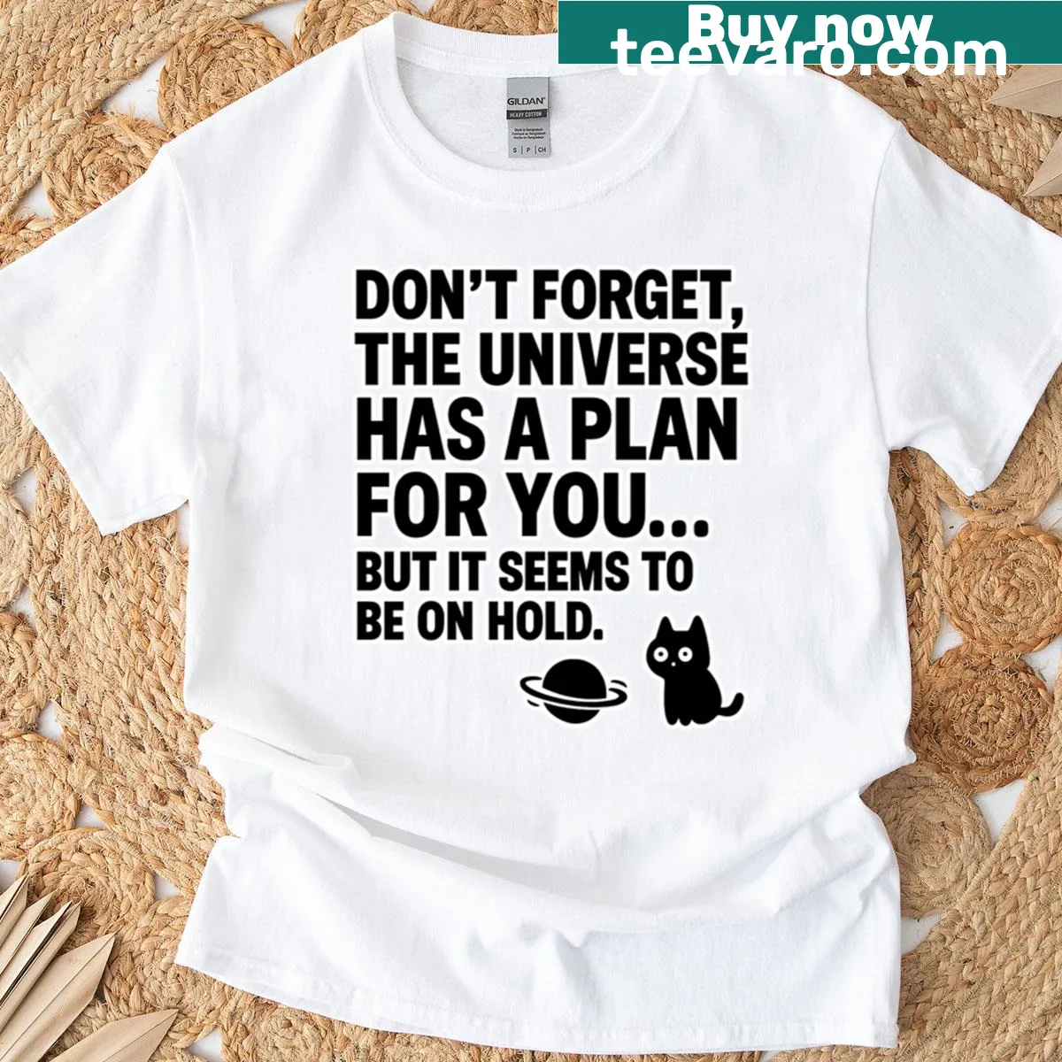 Funny cat T-shirt with sarcastic text about the universe on hold — on a men's t-shirt