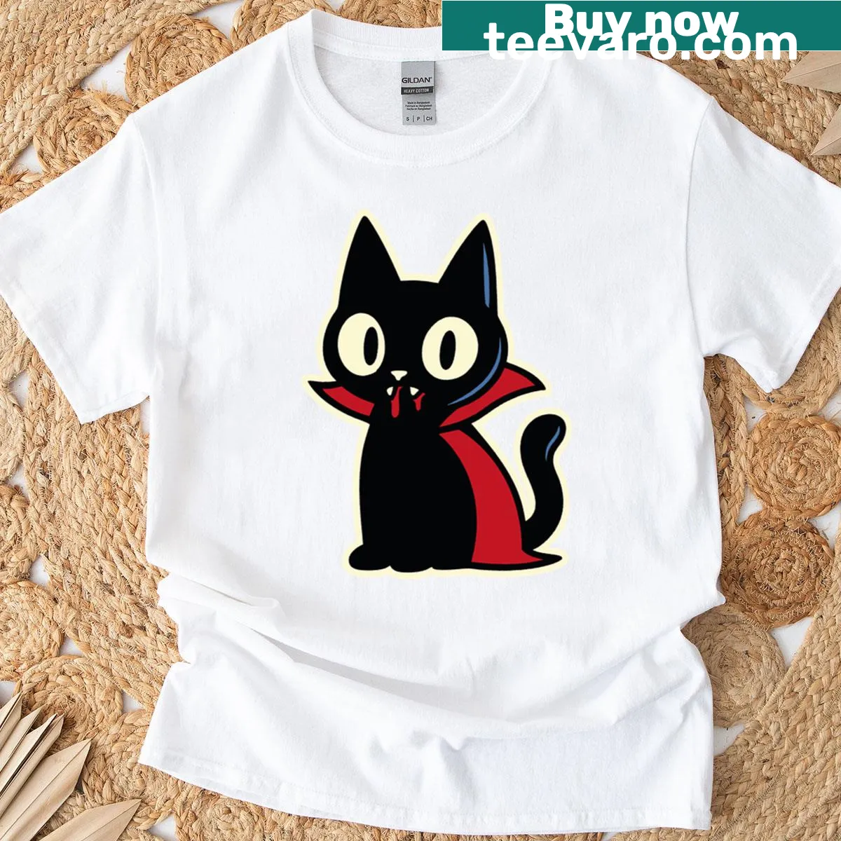 Funny Halloween T-shirt featuring a vampire cat with fangs — on a men's t-shirt