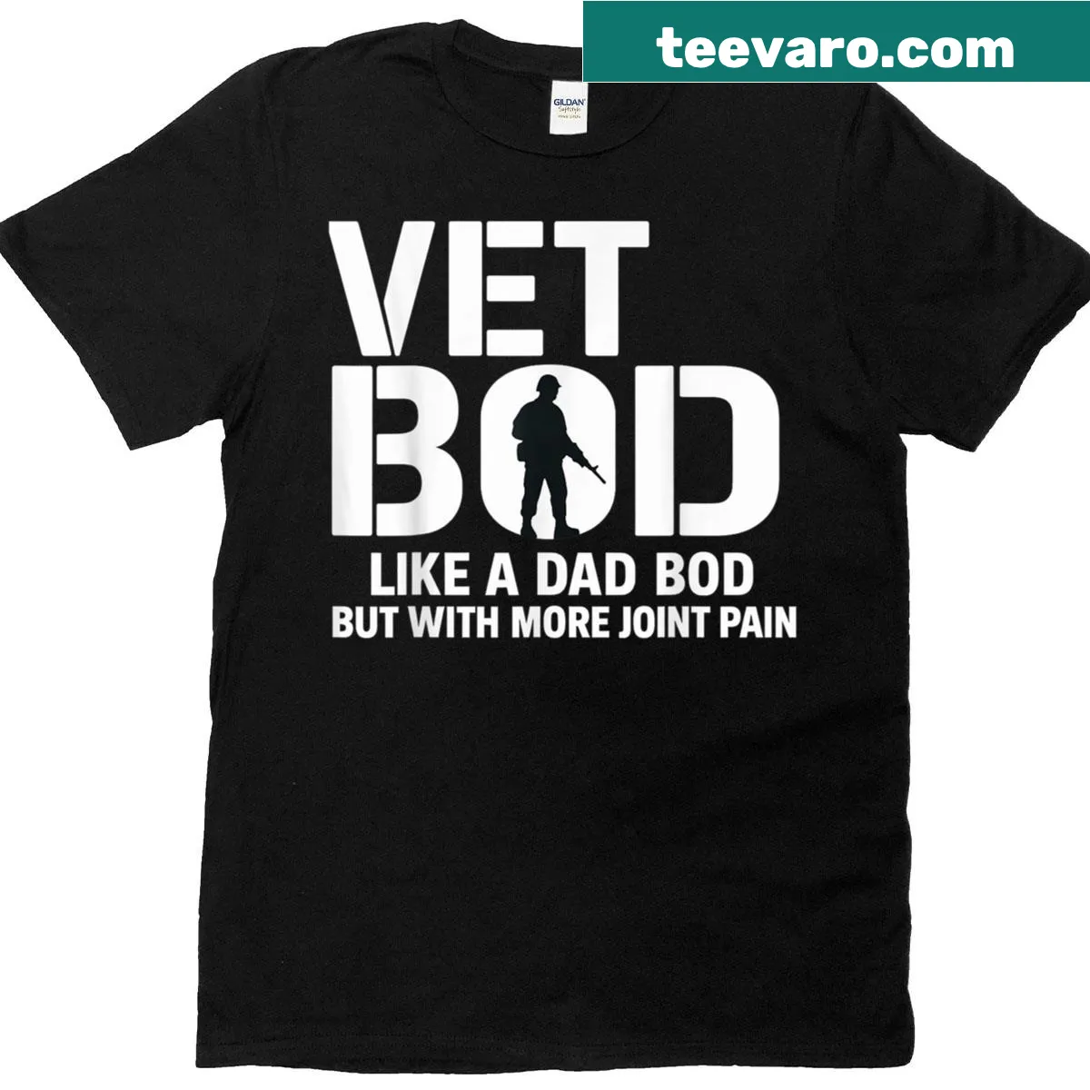 Humorous Vet Bod shirt with playful text about aging issues — on a men's t-shirt