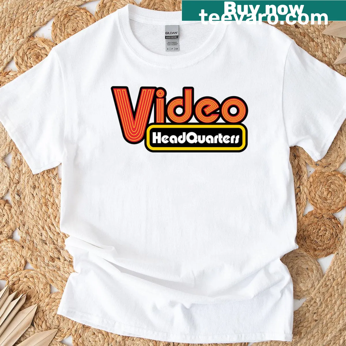 Retro video rental store graphic t-shirt — on a men's t-shirt