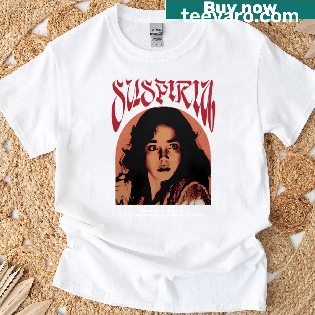 Vintage 70s inspired t-shirt with horror movie school theme — on a men's t-shirt