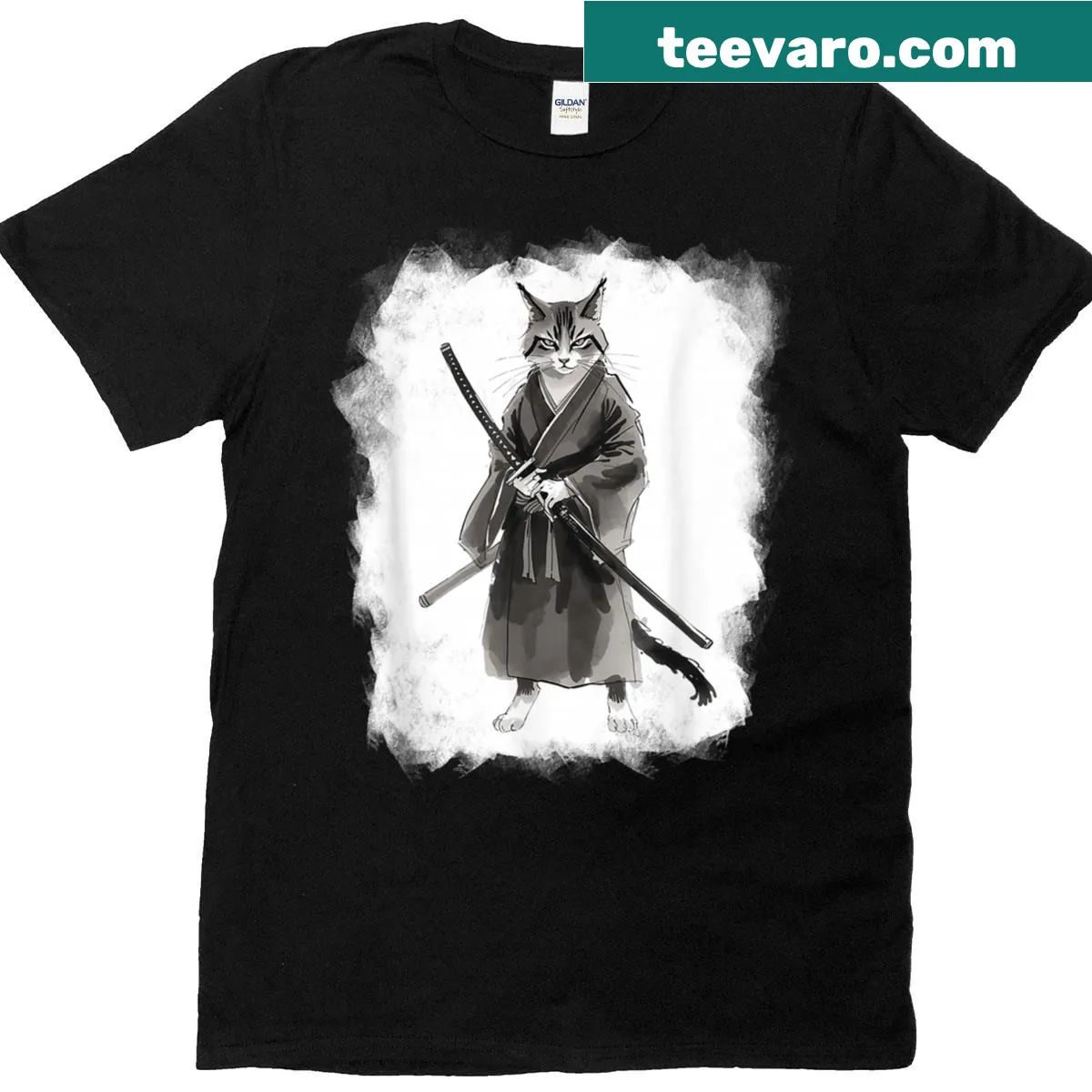 Samurai cat warrior illustrated design in vintage style — on a men's t-shirt