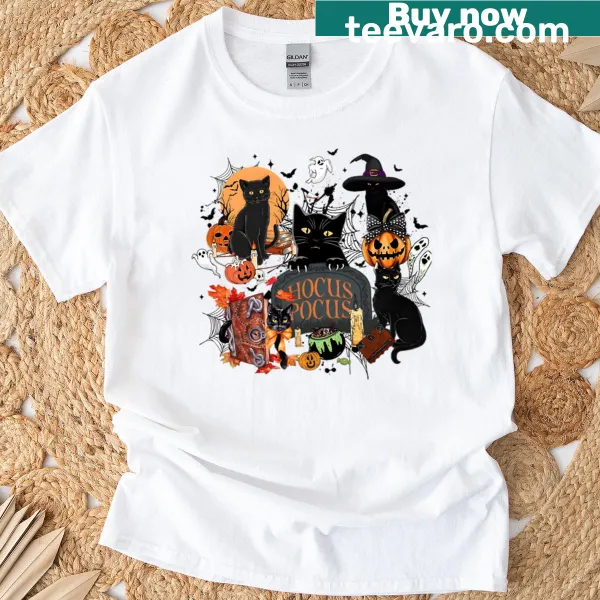 Funny Halloween T-shirt featuring retro witches and magic graphics