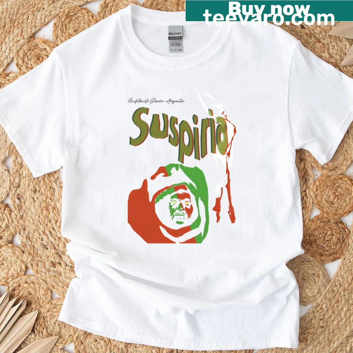 Vintage T-shirt celebrating 70s horror films with spooky graphic — on a men's t-shirt