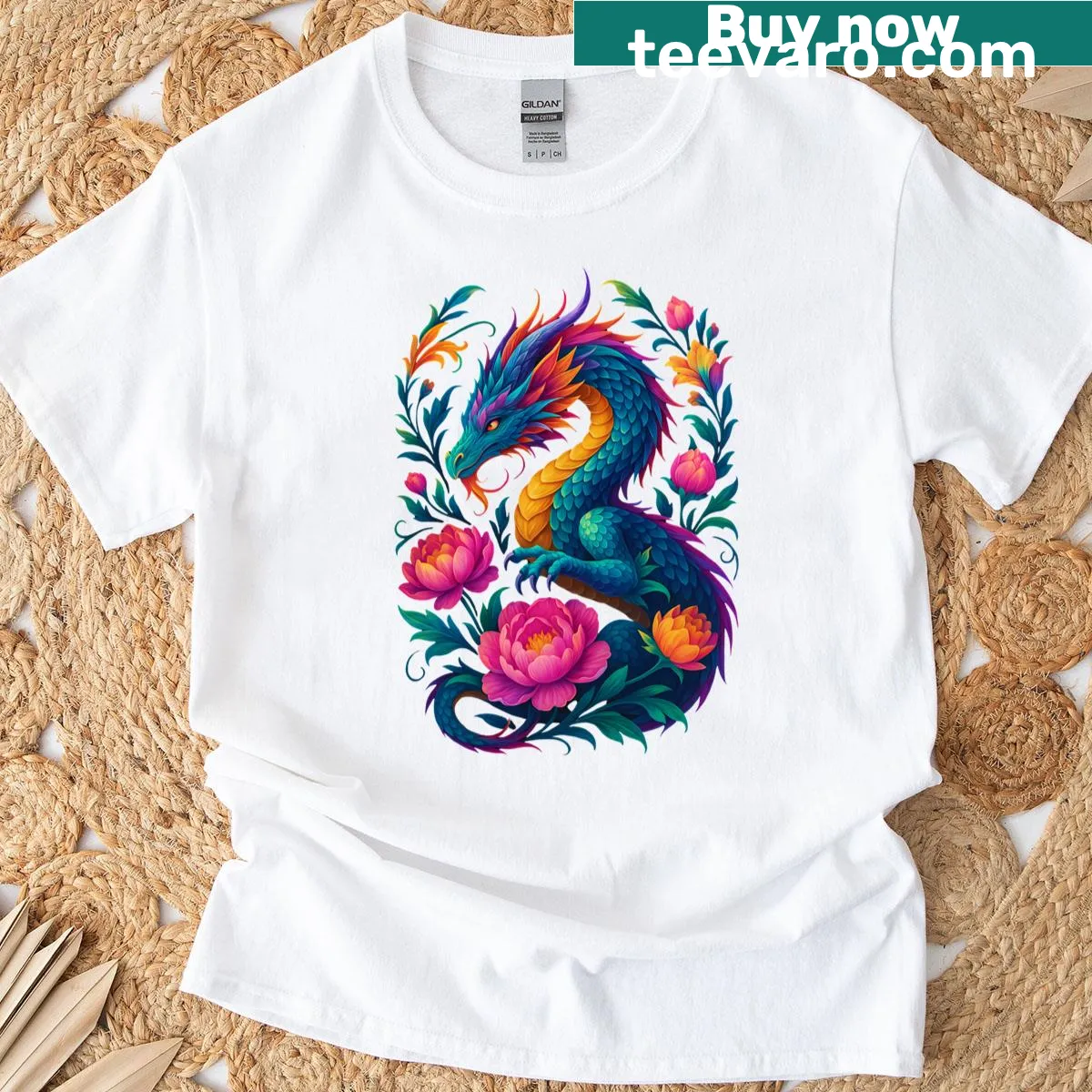 Watercolor t-shirt featuring a fire-breathing dragon design — on a men's t-shirt