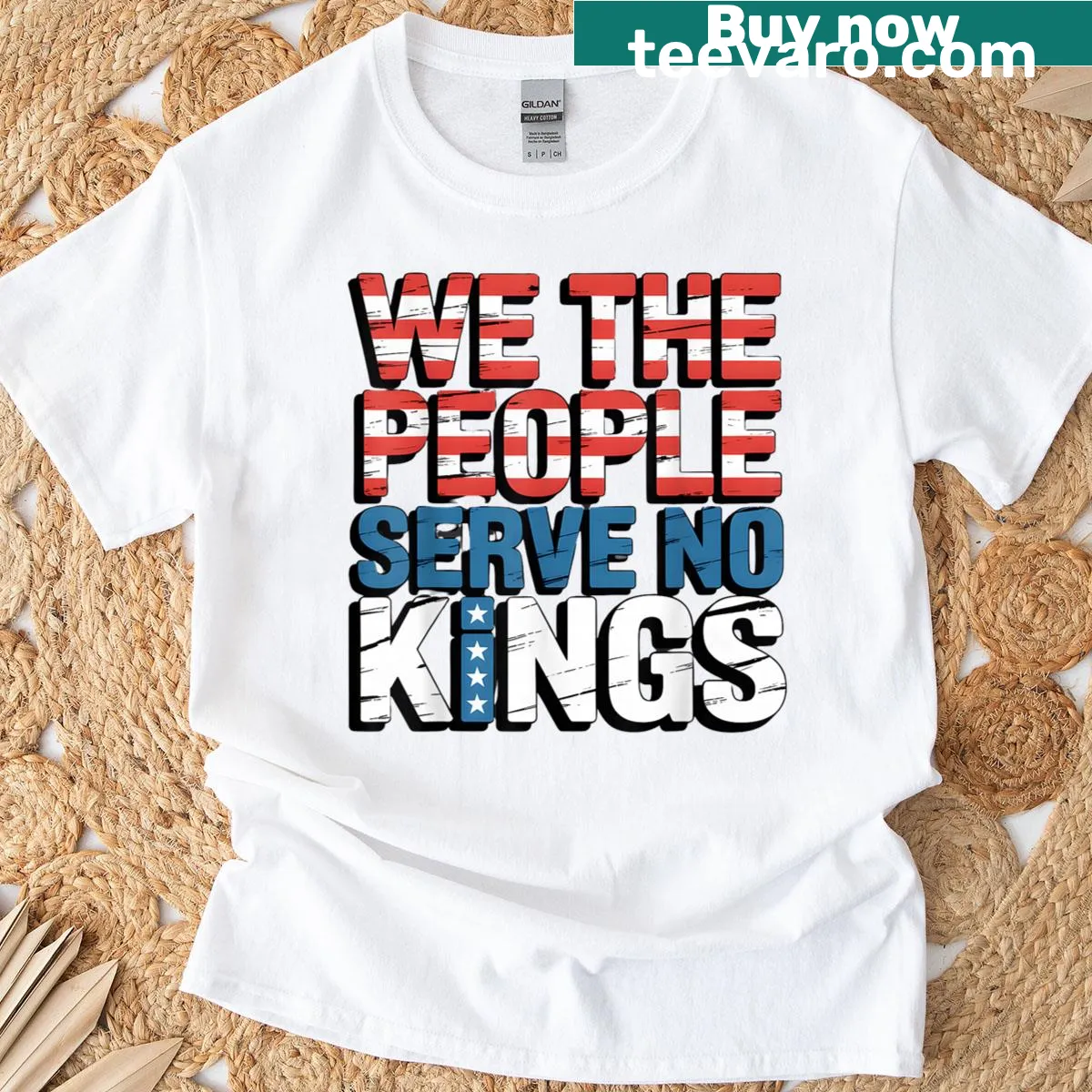Bold text graphic 'We The People Serve No Kings' on a t-shirt — on a men's t-shirt