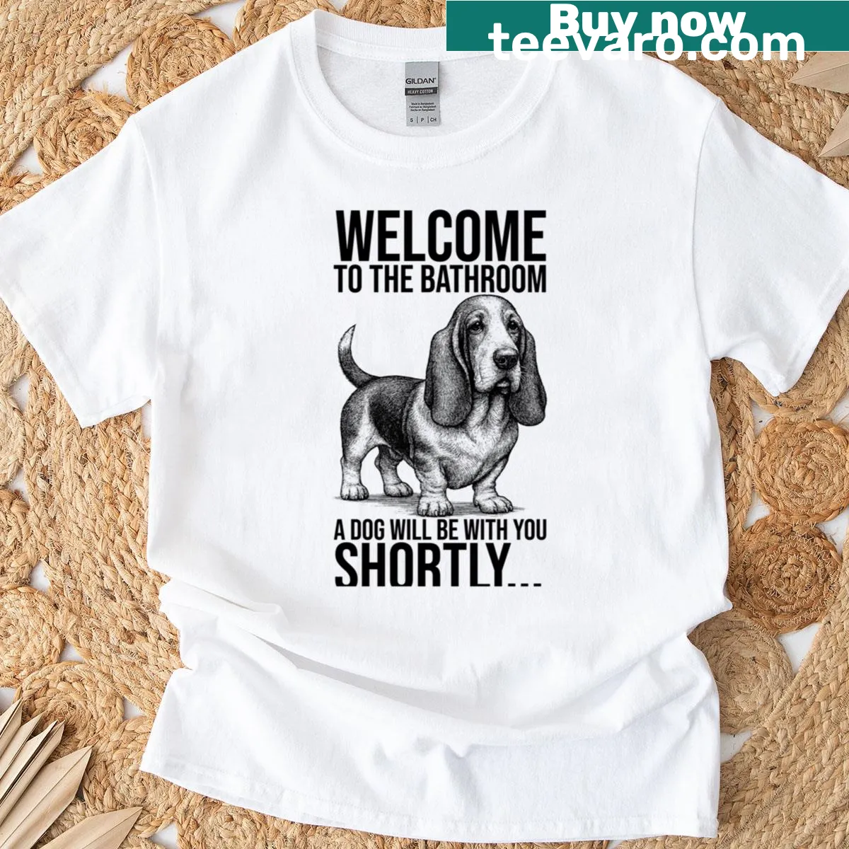 Shirt with cute Basset Hound design and humorous bathroom quote — on a men's t-shirt