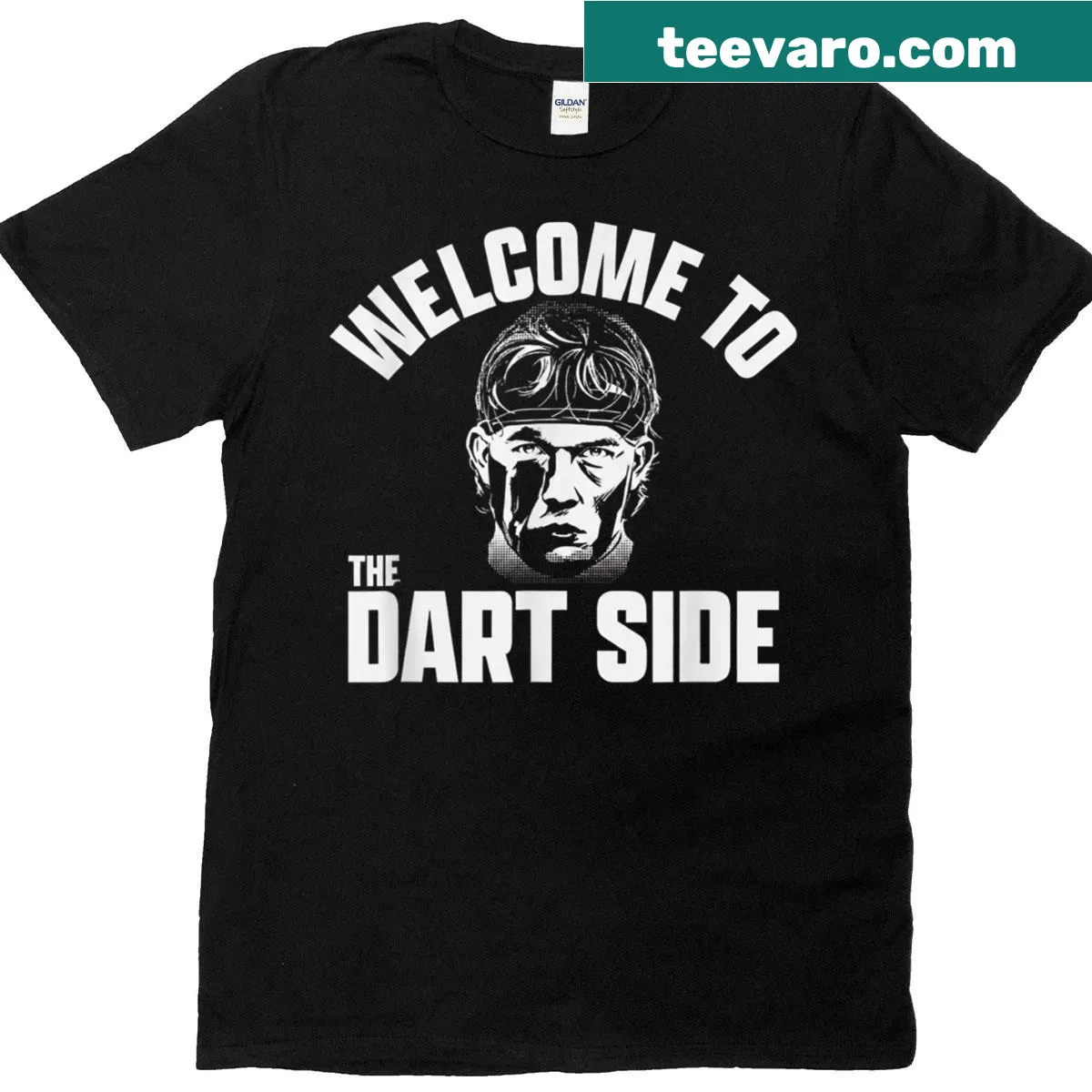 Dart-themed T-shirt with humorous Welcome to the Dart Side text — on a men's t-shirt