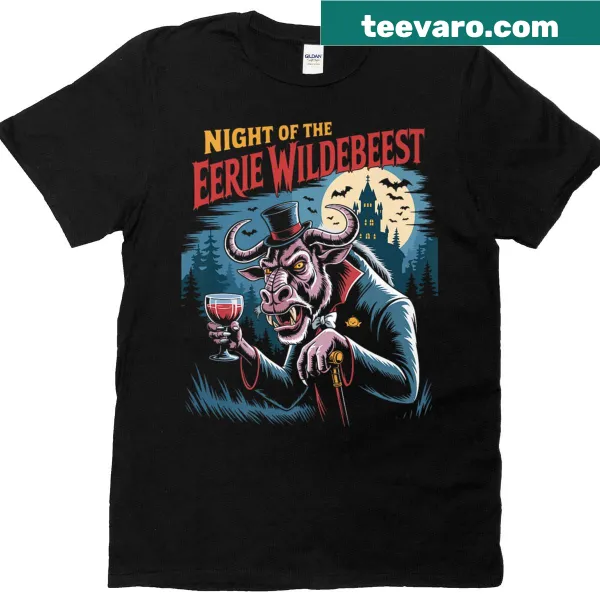 Halloween T-shirt featuring a wildebeest vampire illustration.