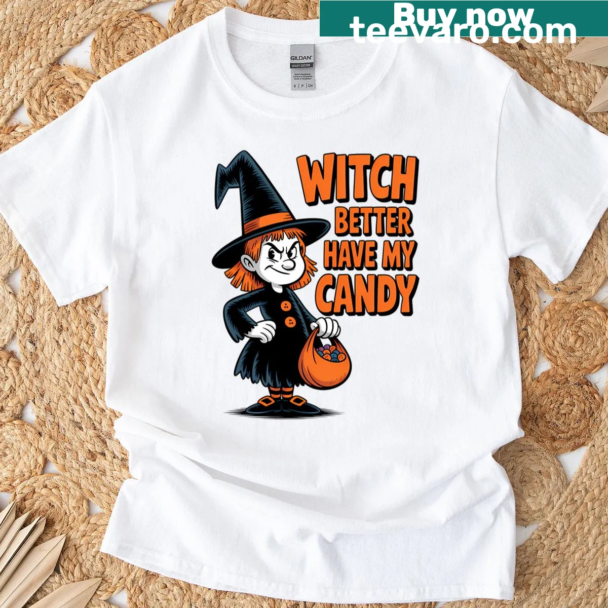 Funny Halloween t-shirt with text 'Witch Better Have My Candy' — on a men's t-shirt