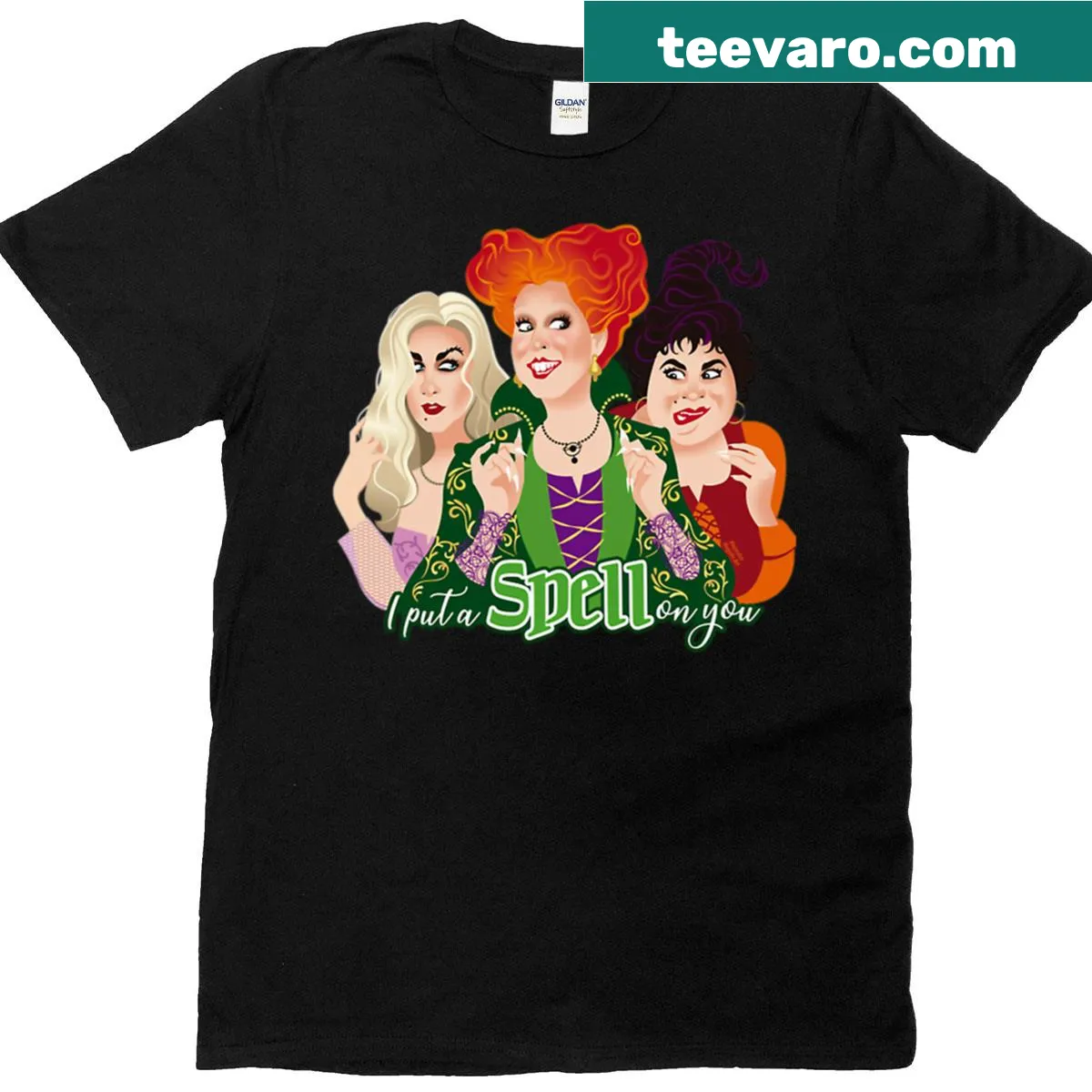 Vintage Halloween T-shirt with witches and movie magic theme — on a men's t-shirt