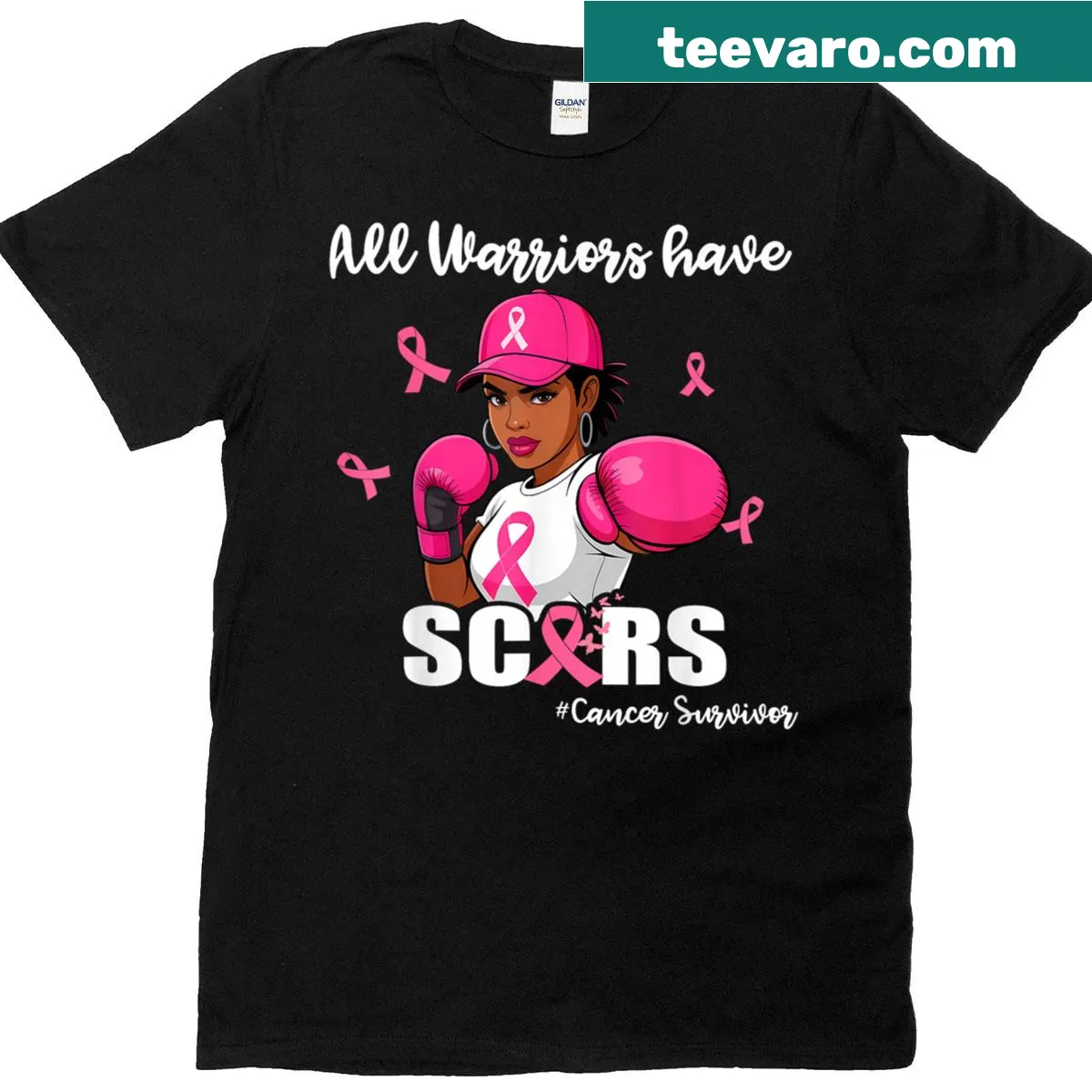 Empowering breast cancer awareness shirt with pink ribbon — on a men's t-shirt