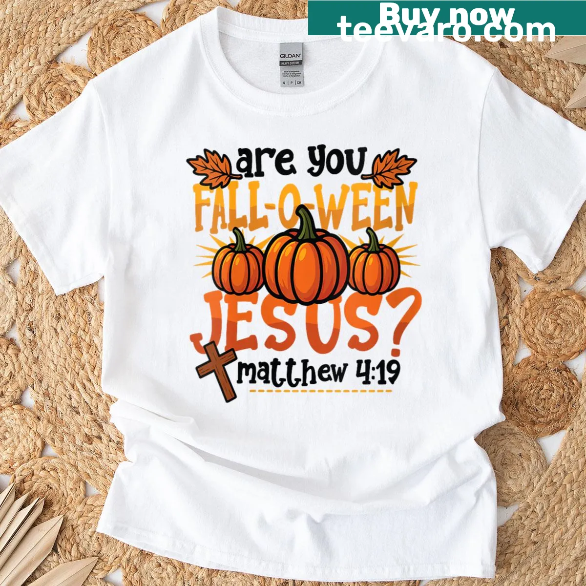 Christian-themed t-shirt with fall pumpkin and Halloween message — on a men's t-shirt
