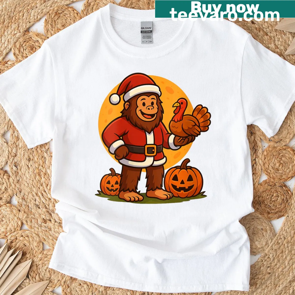 Funny T-shirt with Bigfoot Santa holding turkey and pumpkin — on a men's t-shirt