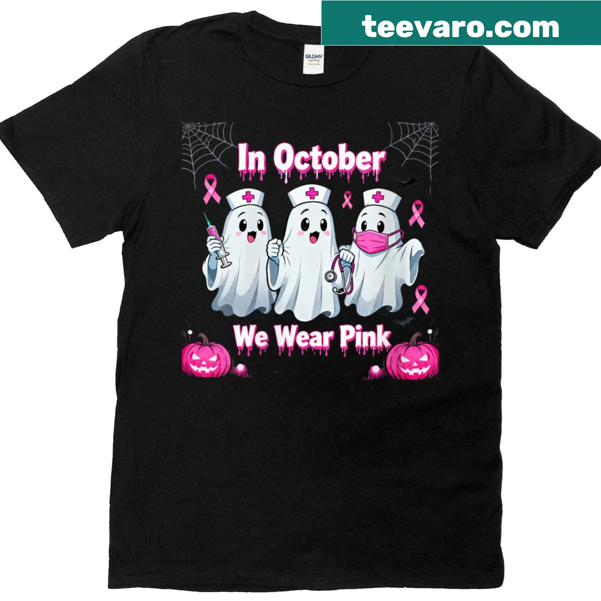 Ghost-themed Halloween shirt with breast cancer awareness graphic — on a men's t-shirt