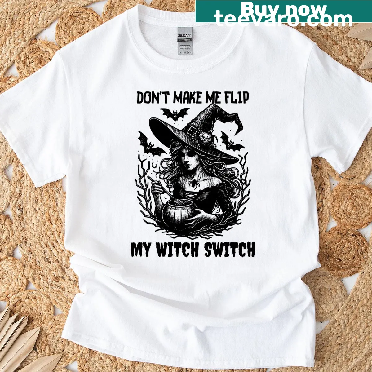 Witch-themed t-shirt designed for Halloween celebrations — on a men's t-shirt