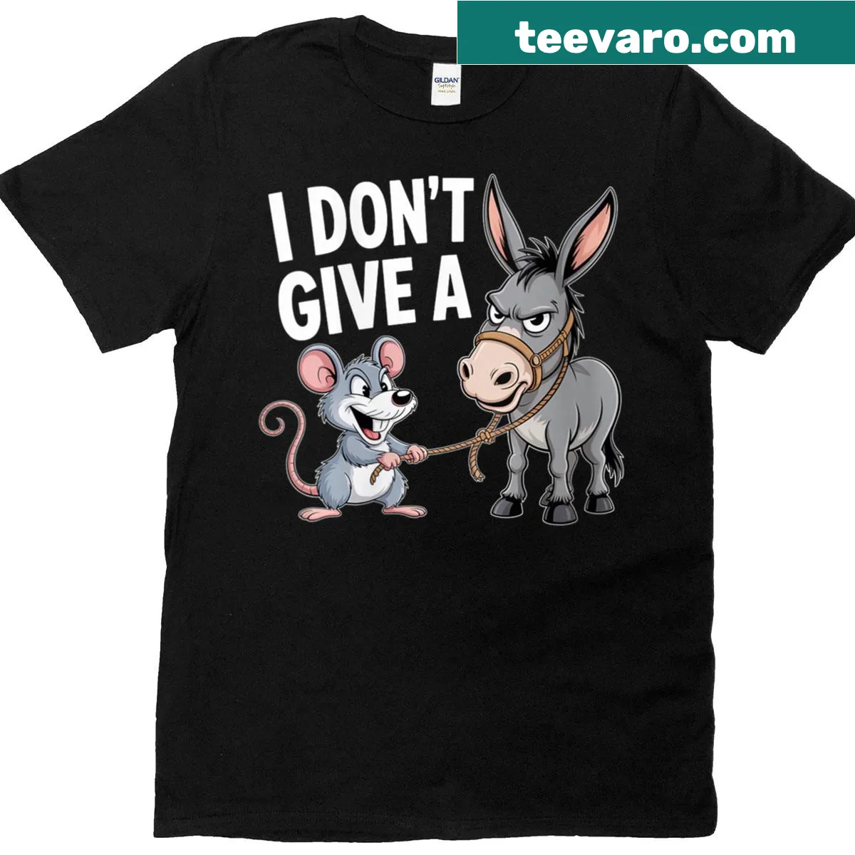 Funny sarcastic animal T-shirt with mouse and donkey design — on a men's t-shirt