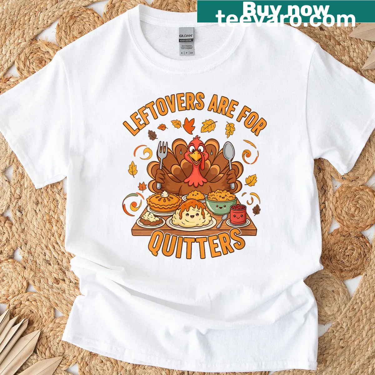 Funny turkey t-shirt stating Leftovers Are For Quitters — on a men's t-shirt