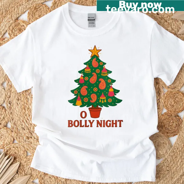 Funny Christmas t-shirt featuring Bollywood-themed Christmas tree graphic