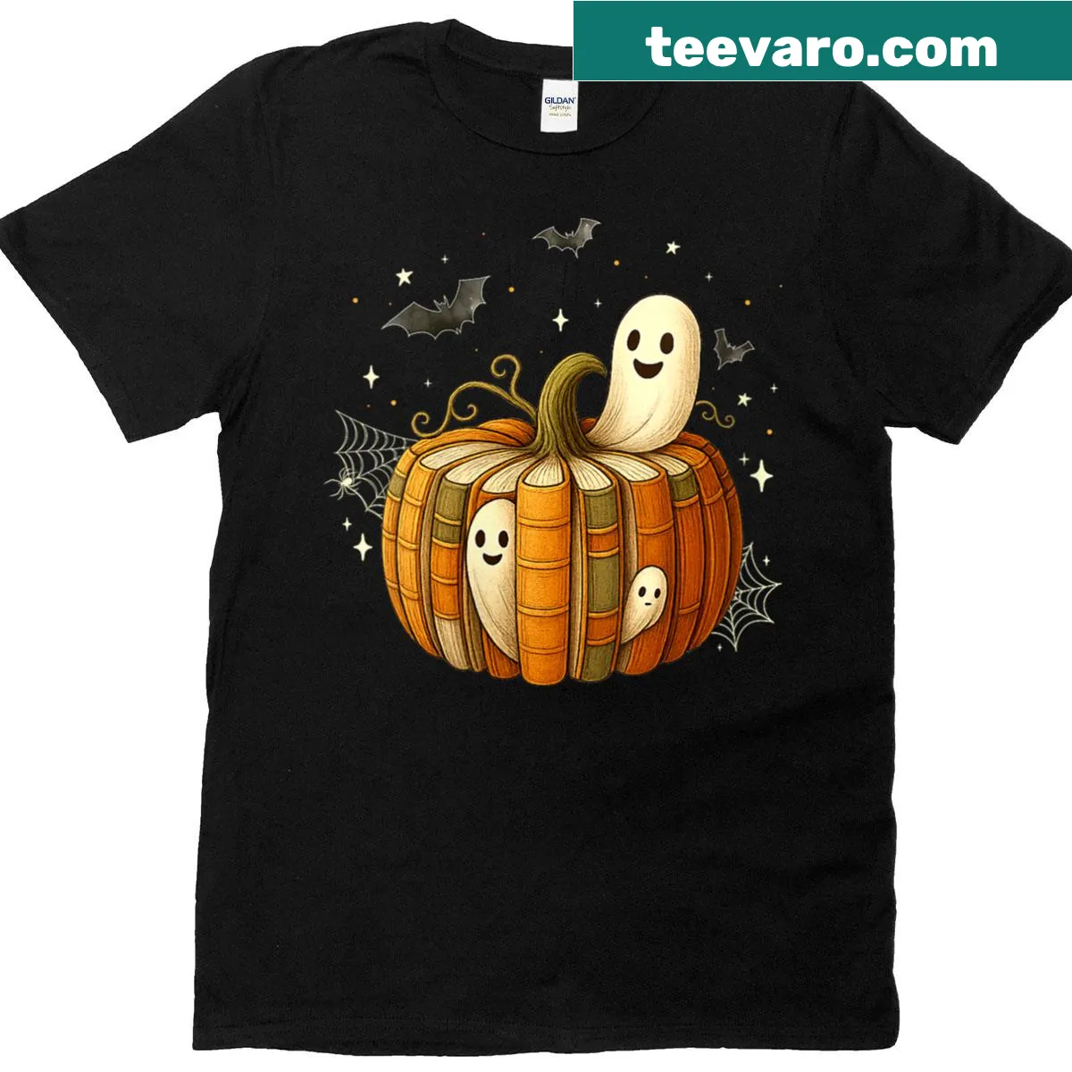 Vintage-style T-shirt featuring a pumpkin, ghost, and books for teachers celebrating Halloween. — on a men's t-shirt