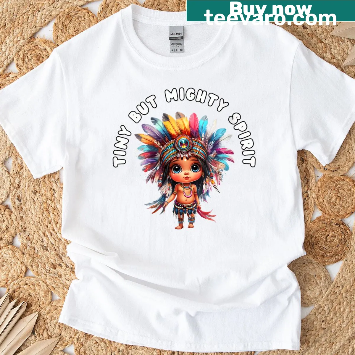 Illustrative T-shirt with 'Tiny But Mighty' and tribal designs — on a men's t-shirt
