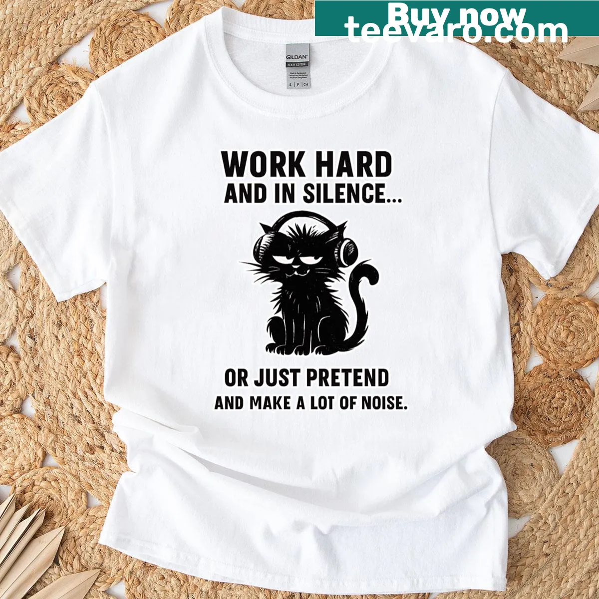 Oversized T-shirt with the quote 'Work Hard Or Pretend' and cat theme — on a men's t-shirt