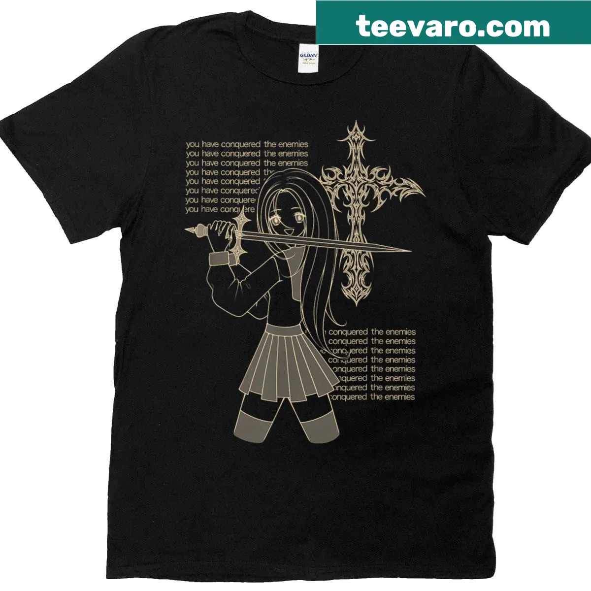 Anime goth girl graphic with the phrase 'You Have Conquered The Enemies' on a black T-shirt — on a men's t-shirt