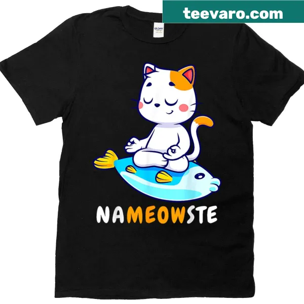 Cartoon cat meditating with the text 'Nameowste' on a funny yoga T-shirt.