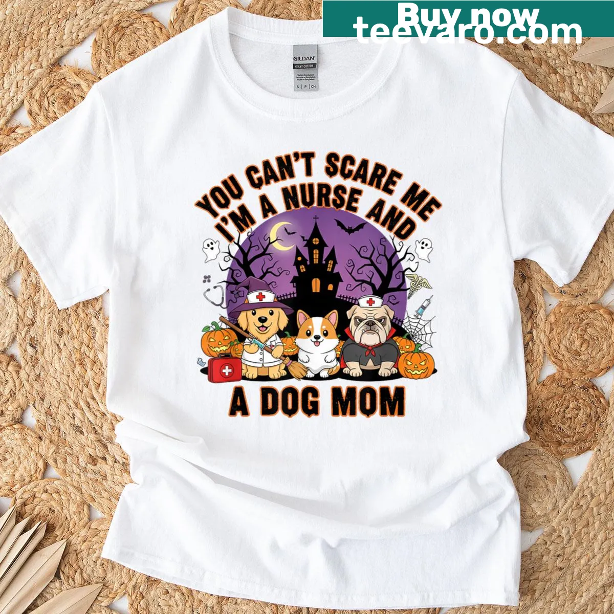 Funny Halloween t-shirt stating 'You Can't Scare Me, I'm A Nurse Dog Mom' — on a men's t-shirt