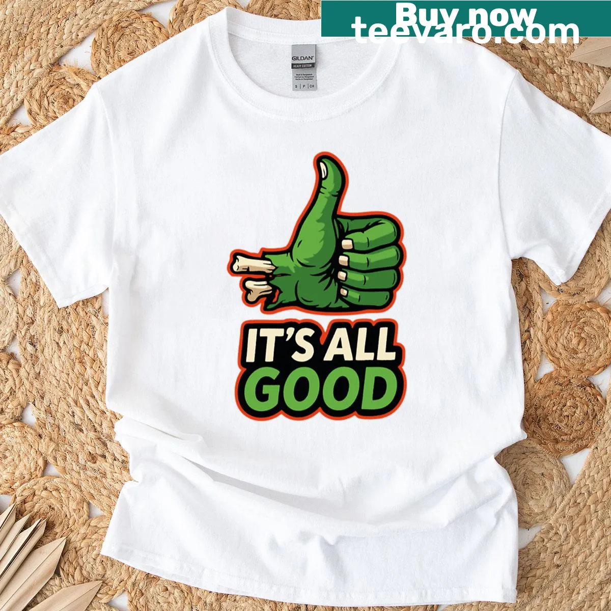 T-shirt featuring a graphic of a zombie hand with the phrase 'It's All Good' — on a men's t-shirt