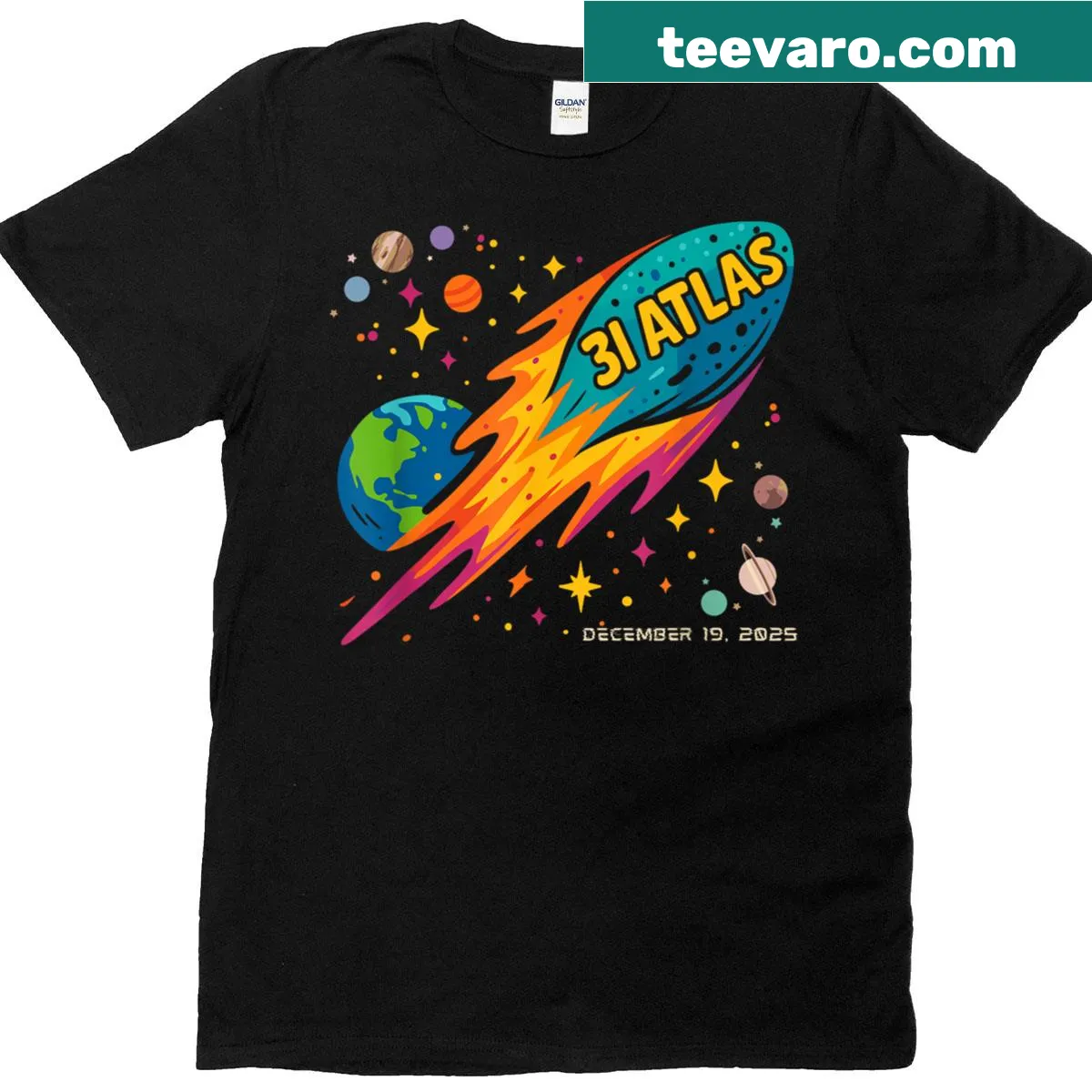 Interstellar-themed t-shirt with an astronomer, comet, and UFO design — on a men's t-shirt