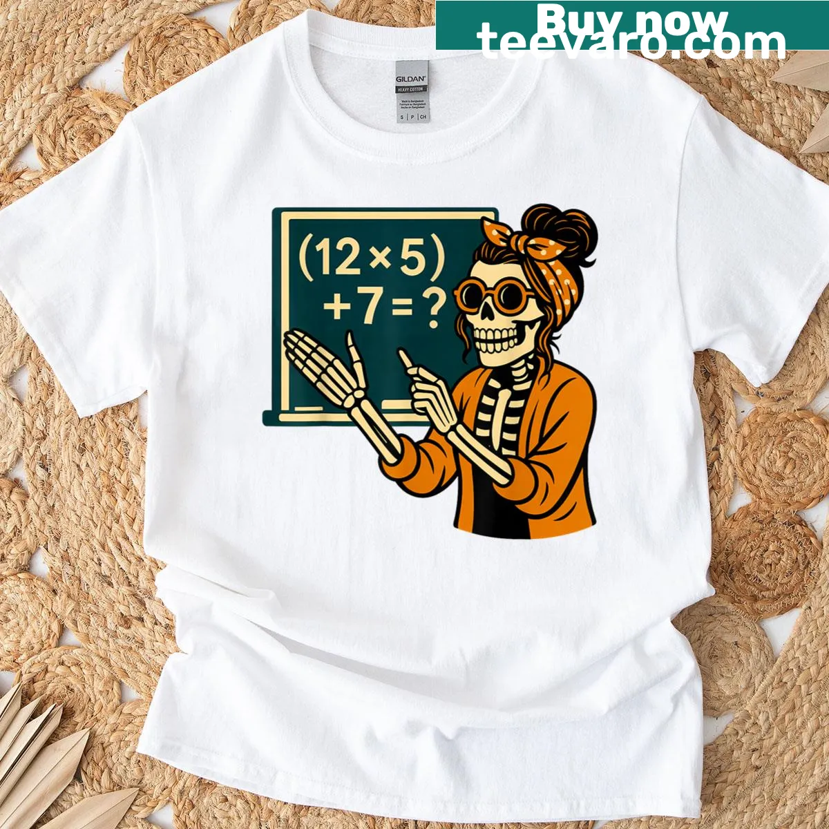 Funny Halloween t-shirt with skeleton graphics and '6 7' text — on a men's t-shirt