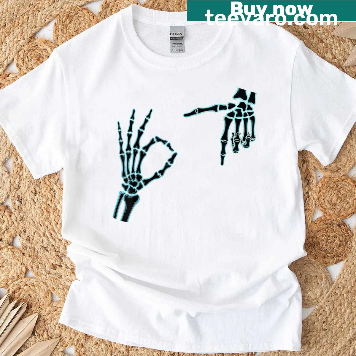 Halloween T-shirt with a playful meme-style skeleton hand. — on a men's t-shirt