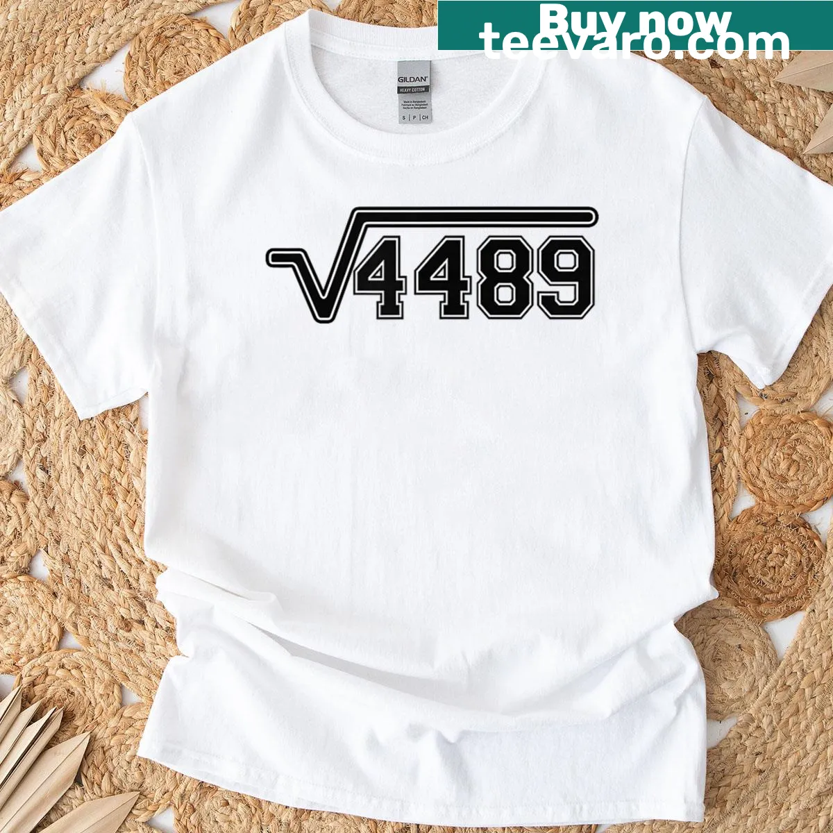 Funny math teacher t-shirt with 'Square Root 4489' text design — on a men's t-shirt