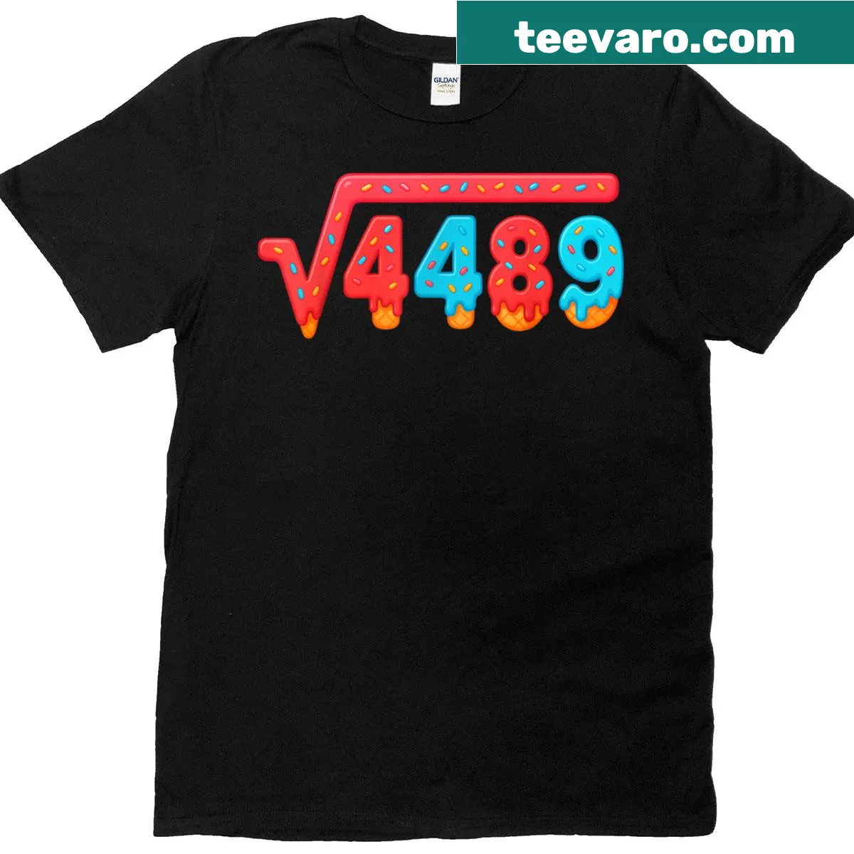 Humorous math teacher tee with 'Square Root 4489' and meme graphics — on a men's t-shirt