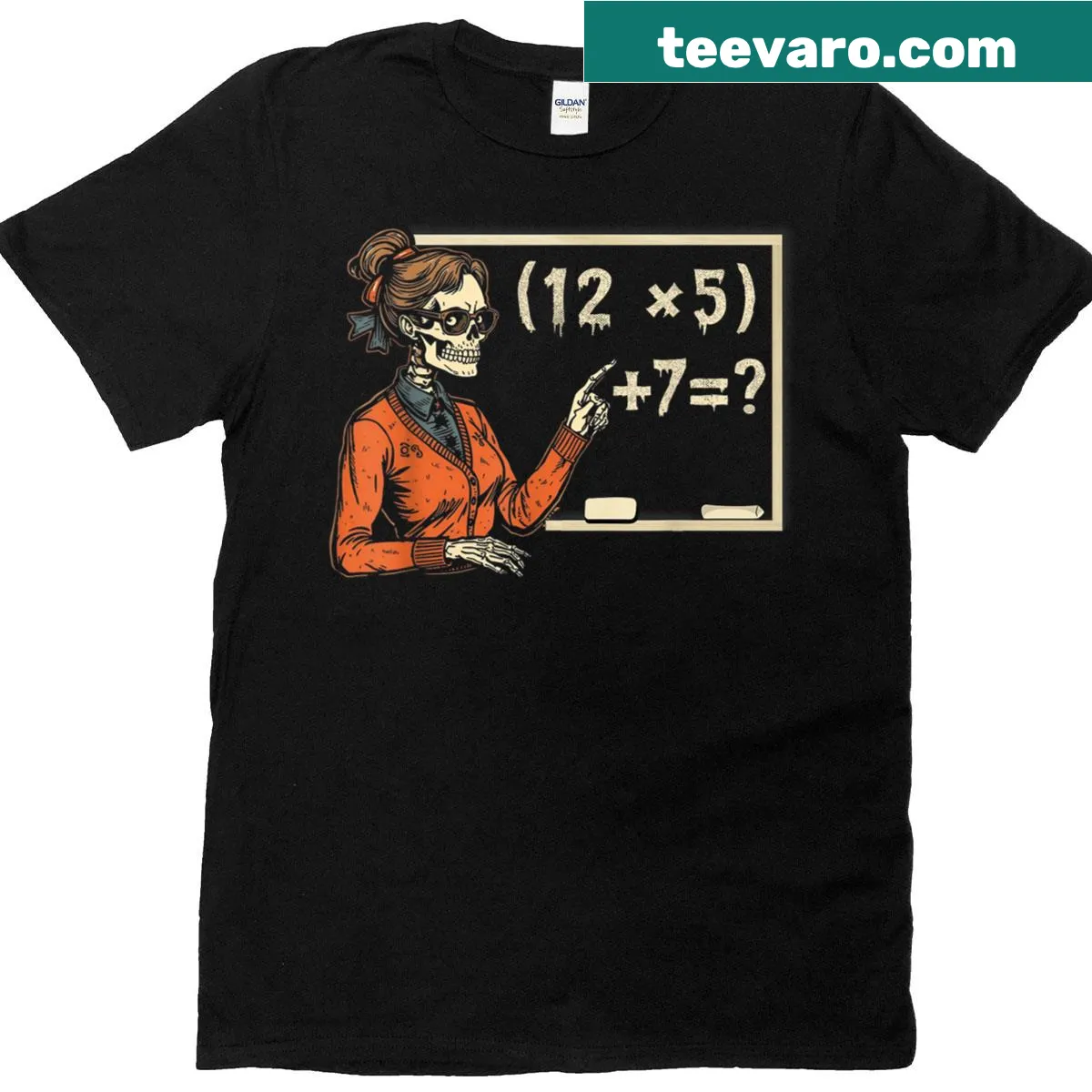 Funny Halloween T-shirt for teachers featuring a skeleton and math theme — on a men's t-shirt