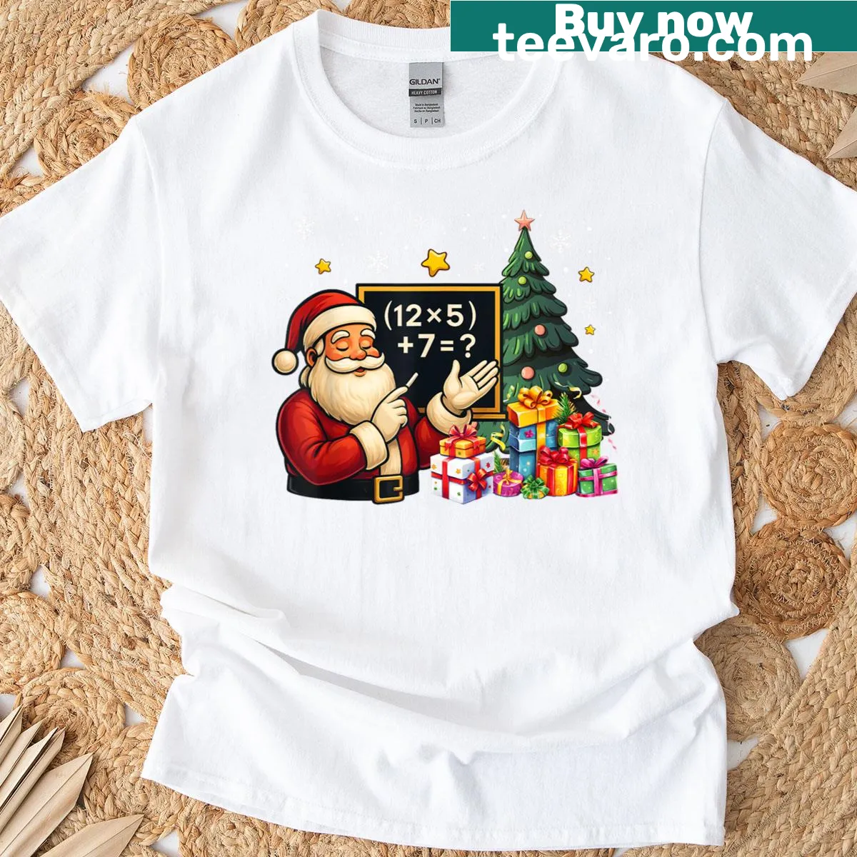 Funny Christmas t-shirt for teachers featuring Santa and math humor — on a men's t-shirt
