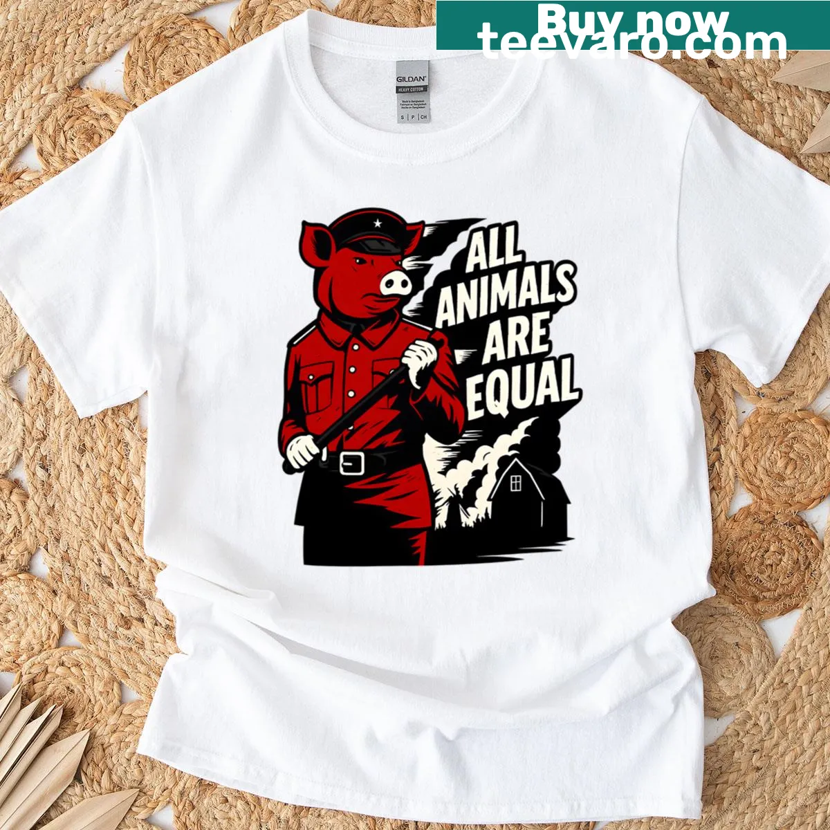 Ironic T-shirt in red stating that all animals are equal with a playful tone — on a men's t-shirt