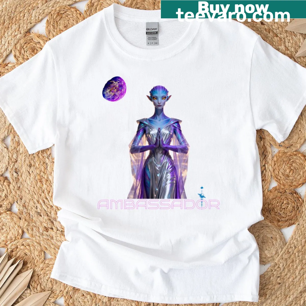 Minimalist boxy t-shirt with an ambassador-themed design — on a men's t-shirt