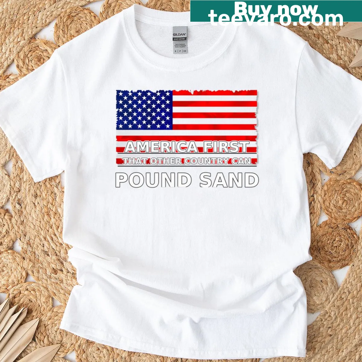 T-shirt with American flag and the phrase 'Pound Sand' — on a men's t-shirt