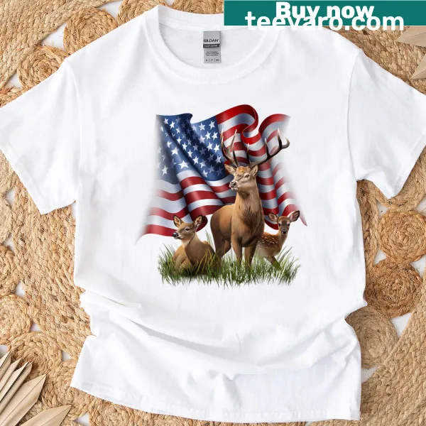 Illustrative deer design with an American flag backdrop on a t-shirt