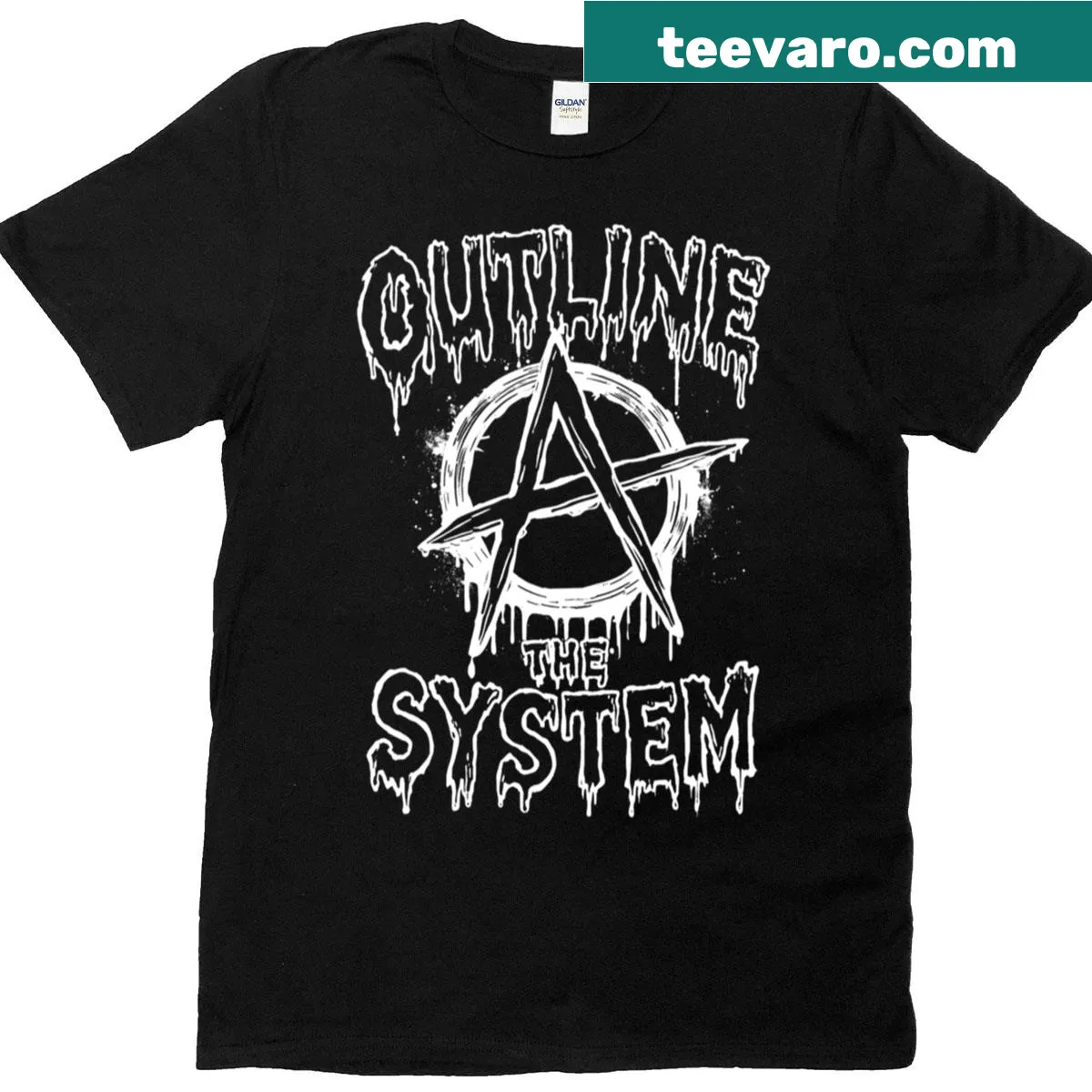 Anarchy Outline The System typography graphic T-shirt — on a men's t-shirt