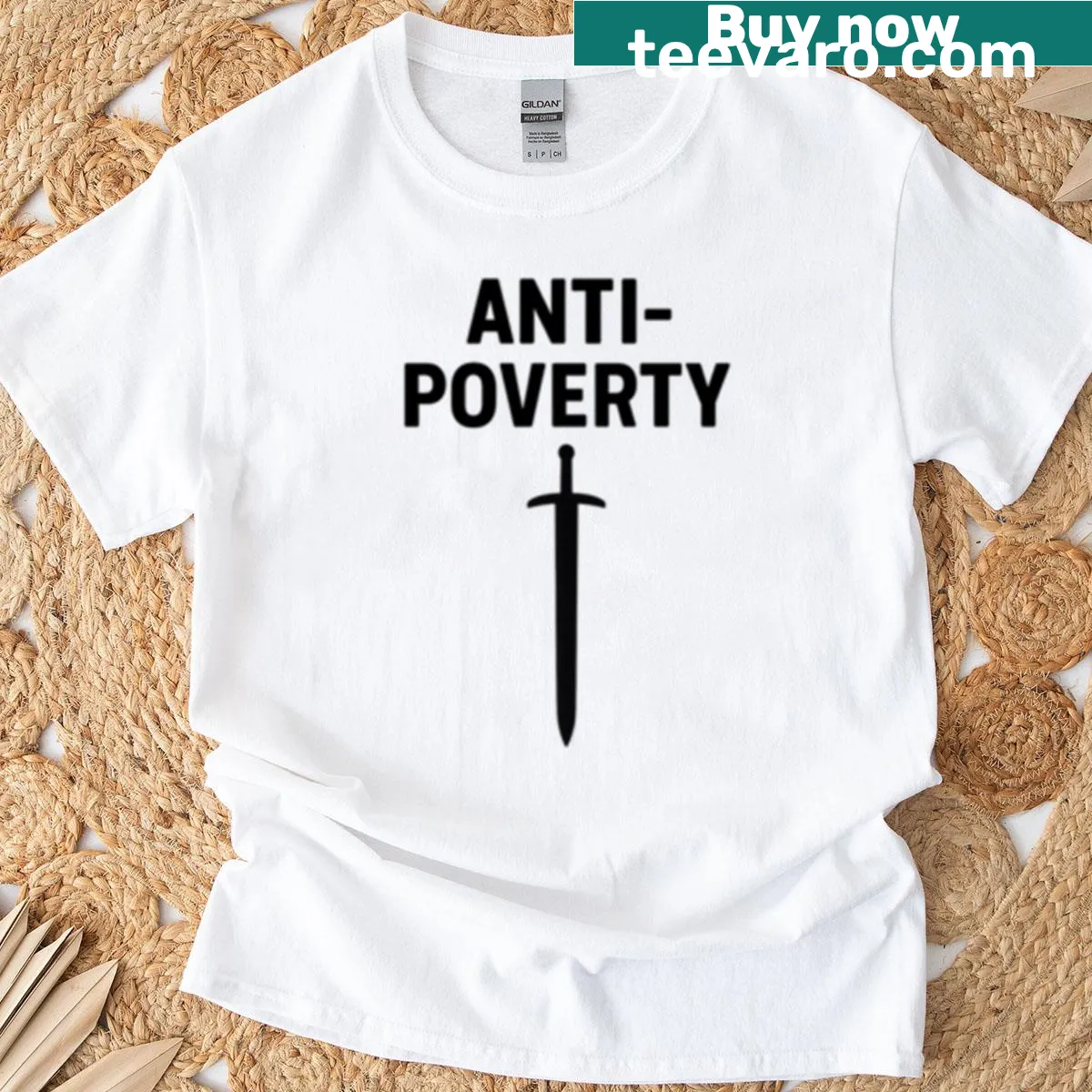 T-shirt featuring bold 'Anti-poverty' text with a sword symbol — on a men's t-shirt