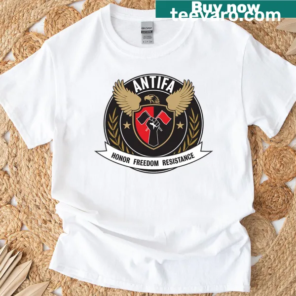 Coat of arms design representing anti-fascism on a t-shirt