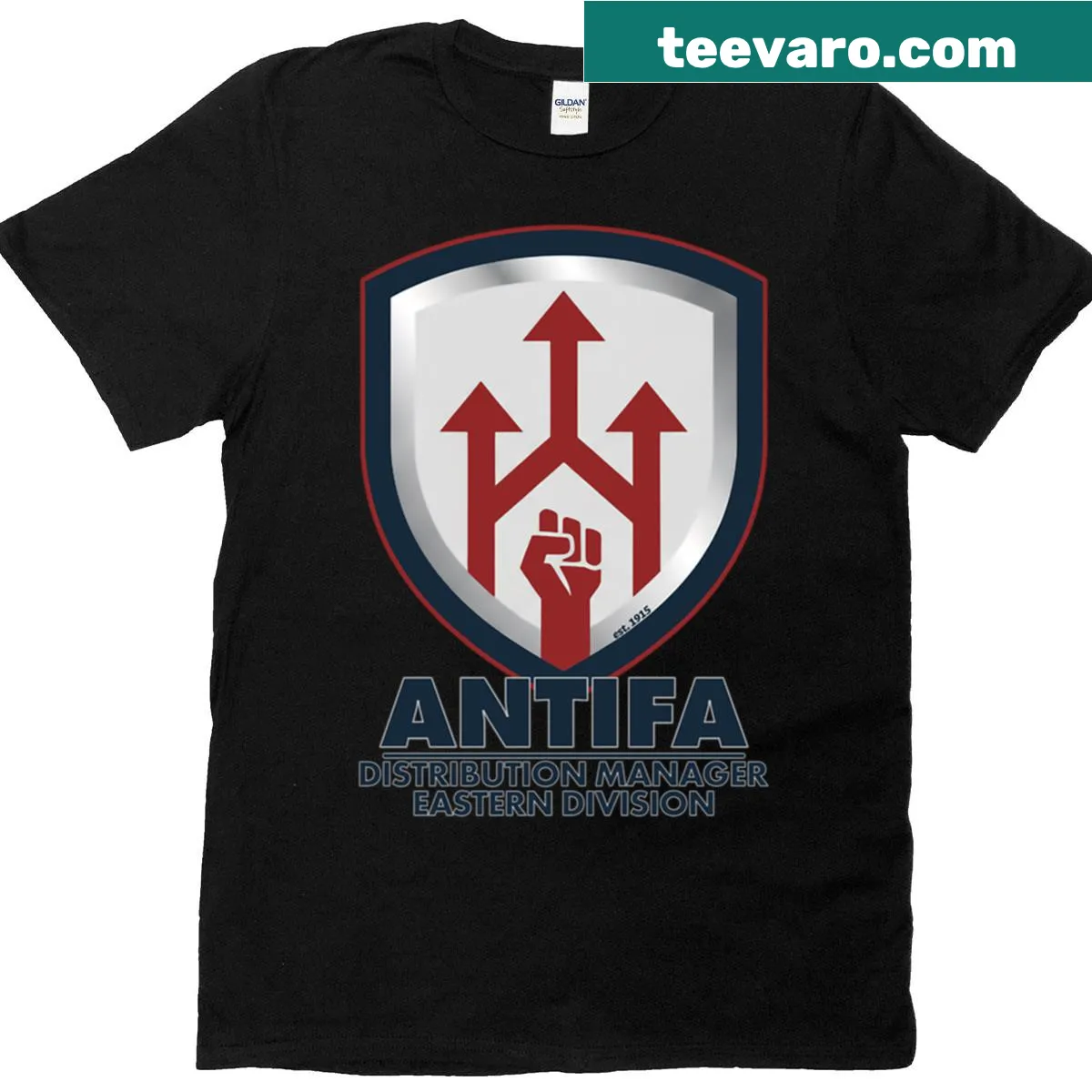 Satirical Antifa distribution manager graphic on a T-shirt — on a men's t-shirt