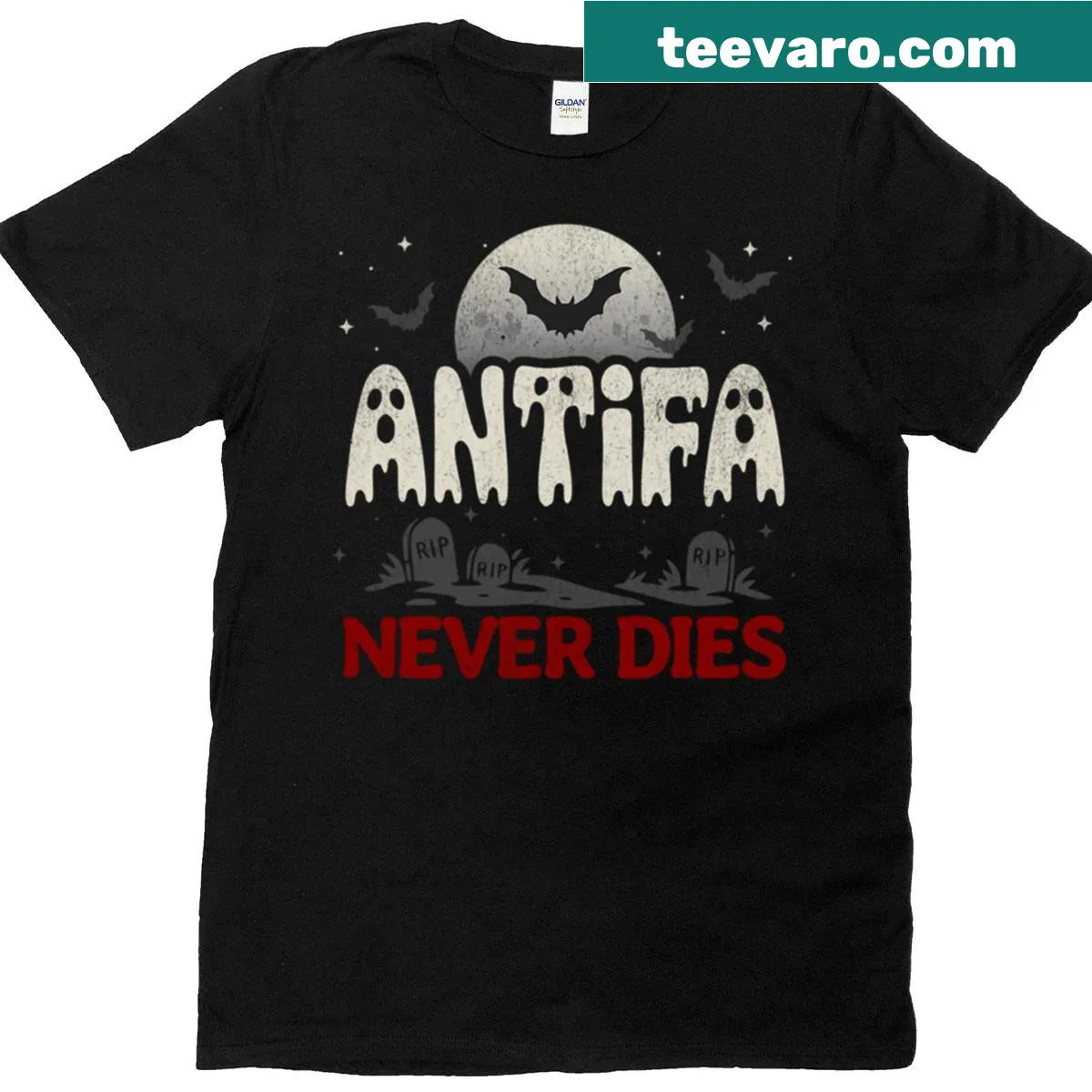 Halloween-themed T-shirt with ghost writing and gravestones graphic — on a men's t-shirt