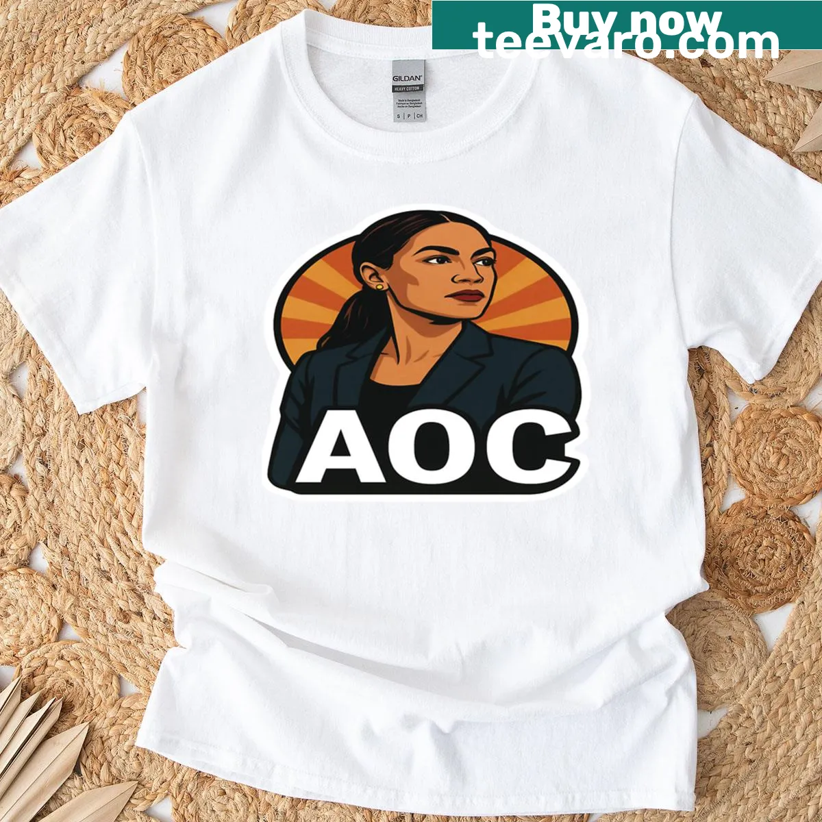 AOC 2028 presidential campaign themed T-shirt with bold text — on a men's t-shirt